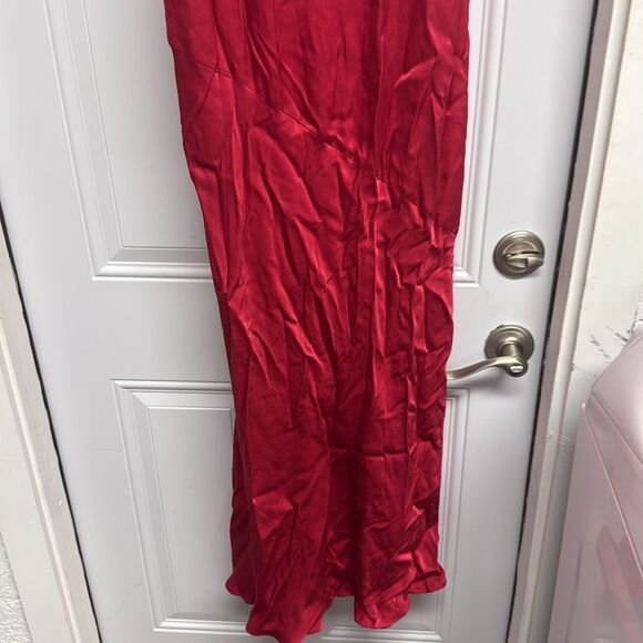 Red Sleeveless Maxi Dress Bow Tie Straps - Zipper Closure Side - Silk MEDIUM - Picture 2 of 4